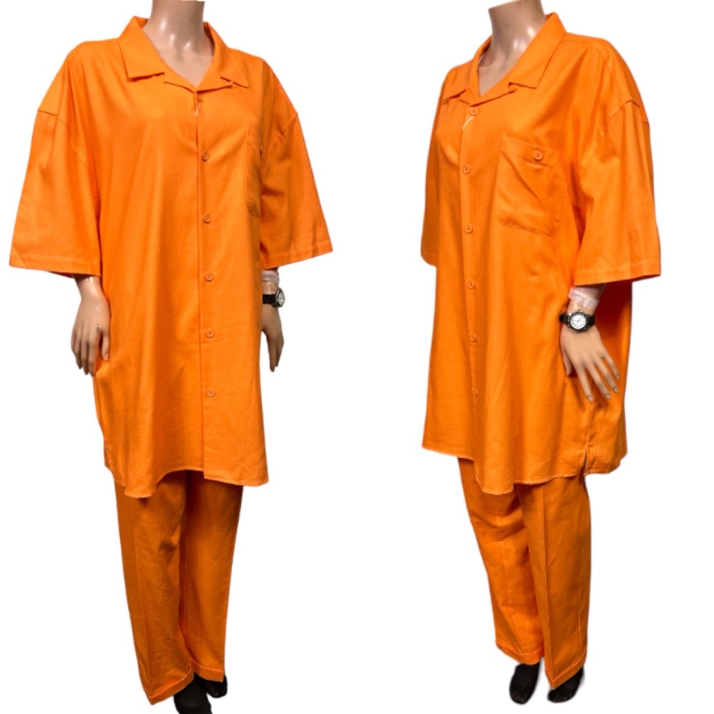 St Patrick Linen Leisure Suit Orange Two Piece Shirt & Pants Size 2 XL